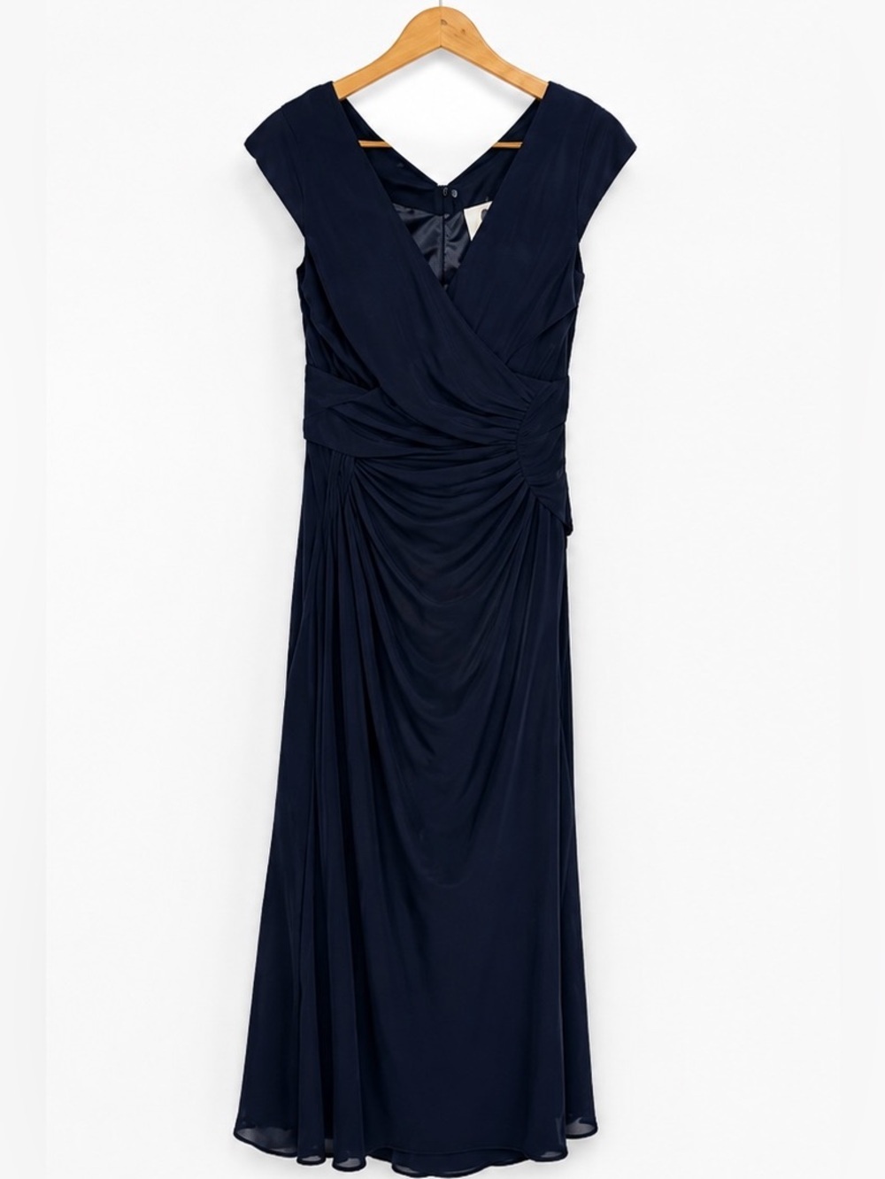 Navy Ruched Column Off Shoulder Long Gown Size 16